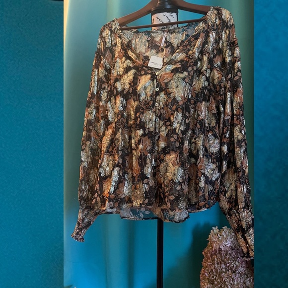 Free People Tops - New Free People Woven Boho Top Button Shirt BlouseGold Accents Long Sl S Floral